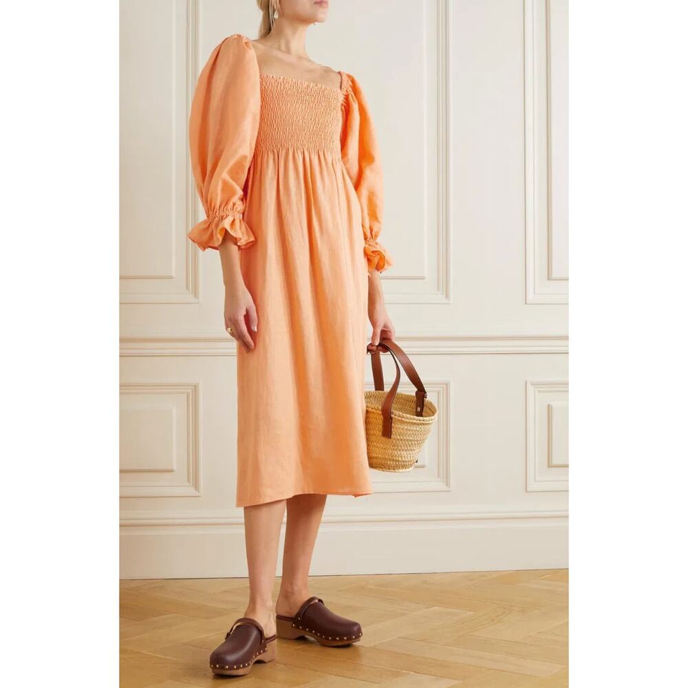 Sleeper smocked linen atlanta midi dress coral - Picture 5 of 5